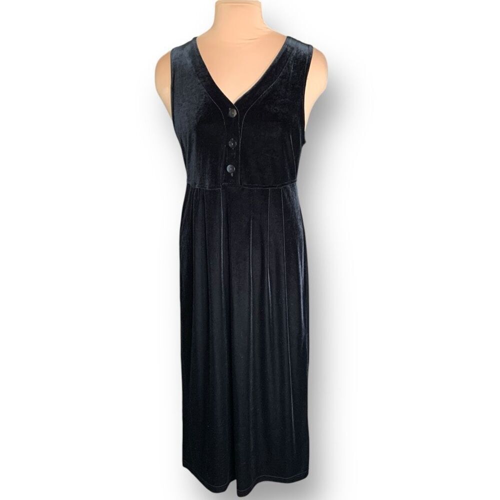Vintage Studio Ease Black Velvet Babydoll Waist Sleeveless Vneck Maxi Dress - Picture 8 of 8